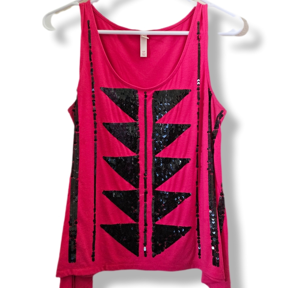 Ladies Size Small Petite Pink Black Sequin Tribal Tank Top Boho Summer